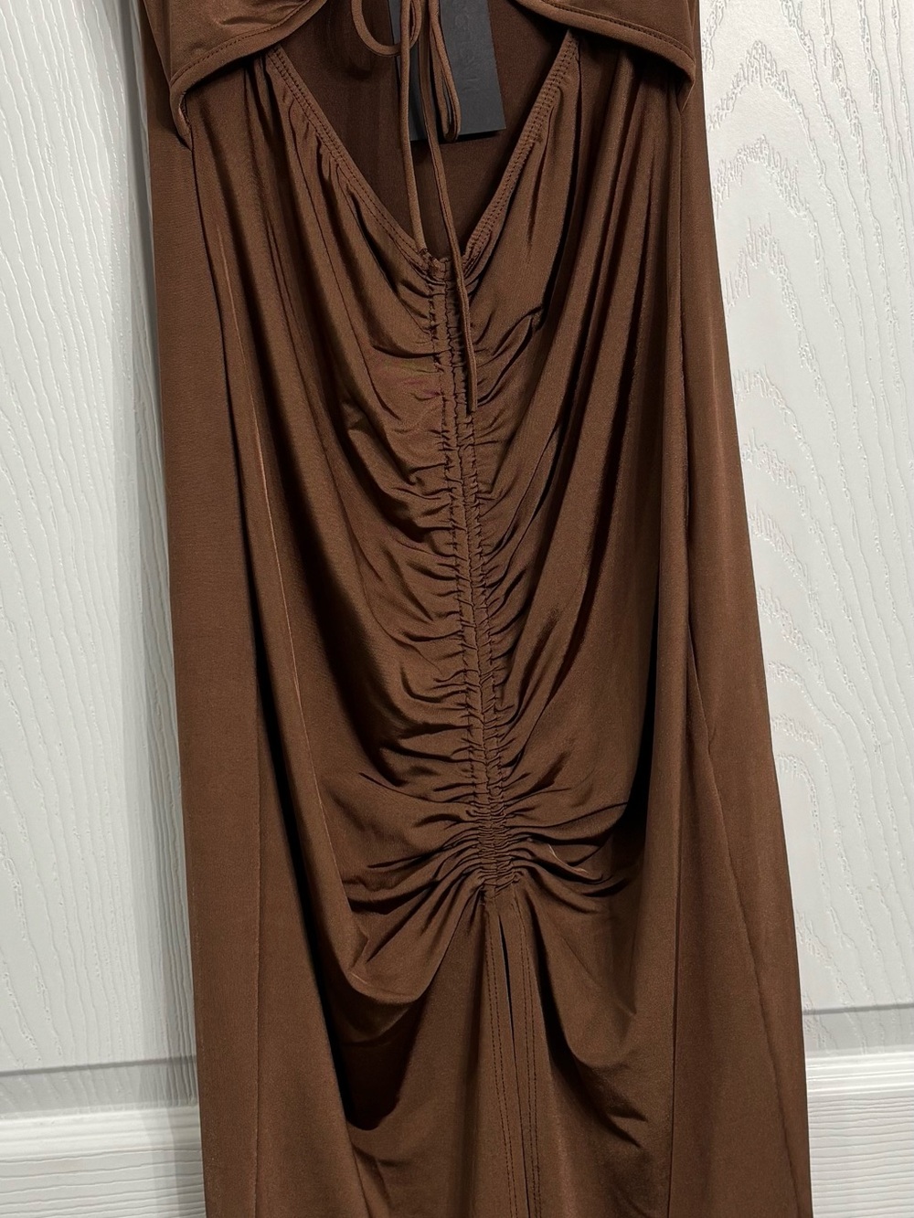 Lovely Day Brown Ruched Cutout Midi Dress - Picture 3 of 5